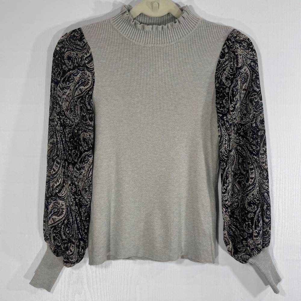 Sioni‎ Milano Women's Mock Neck Long Sleeve Paisley Sheer Sleeve Top
